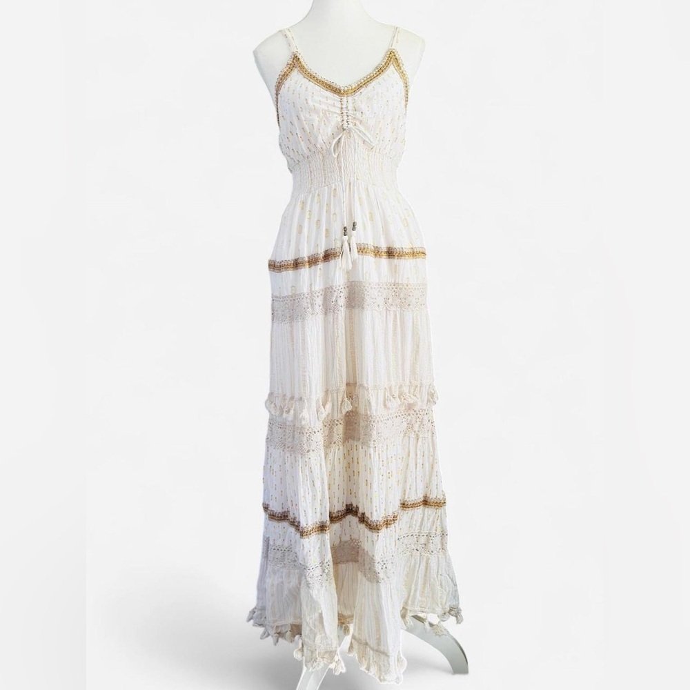 Me 2 Magic Cream Boho Maxi Dress Lace Tiered Cotton Size Large